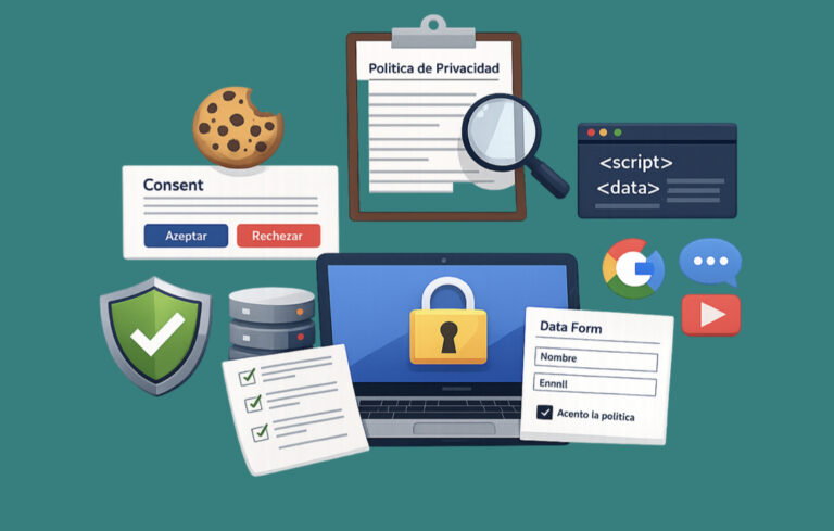Ilustración sobre cumplimiento frontend de un sitio web con cookies, consentimiento, política de privacidad, formularios y seguridad de datos.